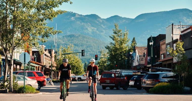 Biking central avenue in Whitefish, Montana
