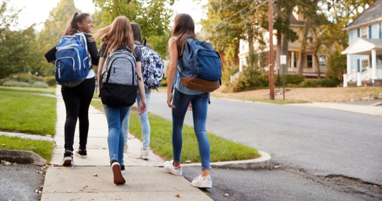 The students walking on the street after schooling in Whitefish, Montana