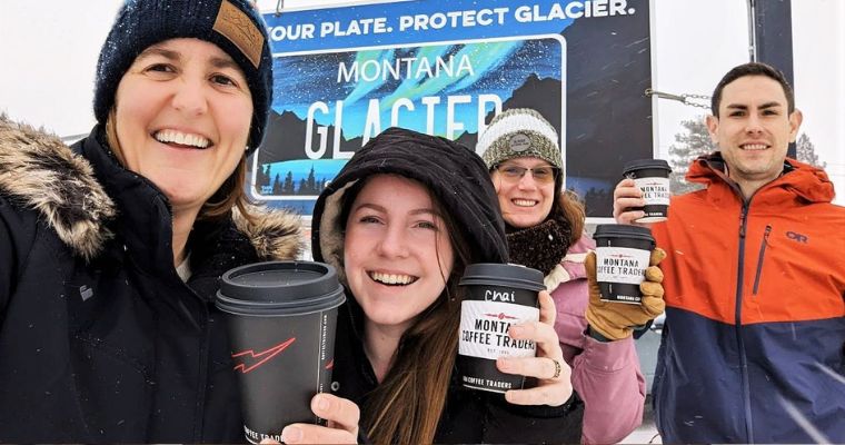 A group of tourist enjoys the coffee of Montana Coffee Traders during winter in Montana