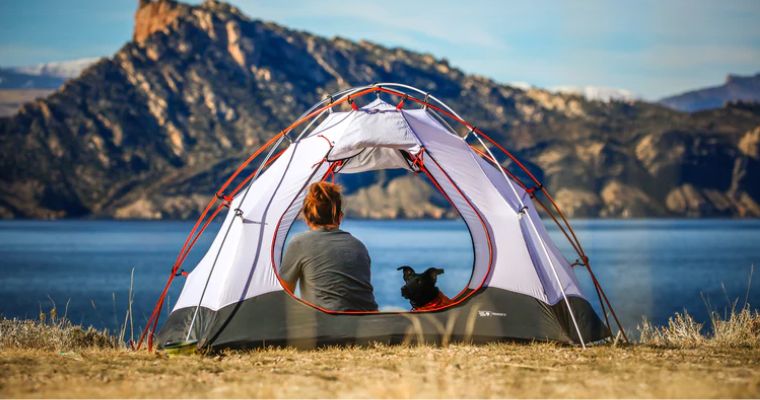 Woman enjoys the view of the lake with her dog inside the tent in Whitefish, Montana