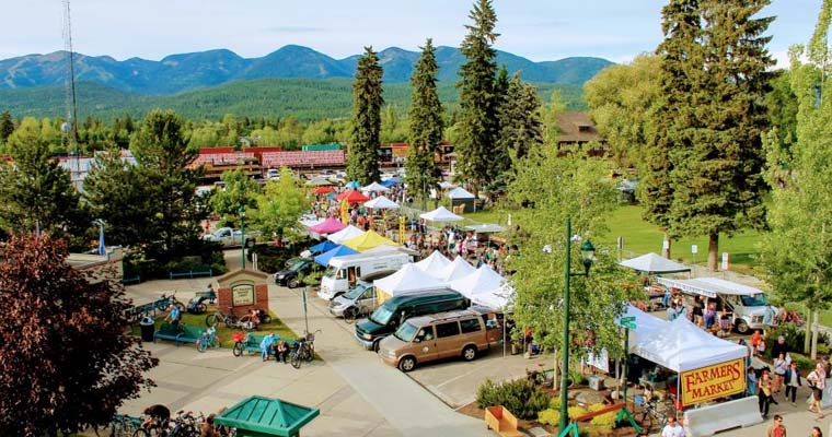 Aerial view of the busy Downtown Farmers Market with lots of tourist