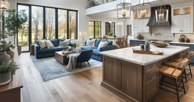 An expansive open concept kitchen and living room, reflecting contemporary style and comfort in Whitefish, Montana.