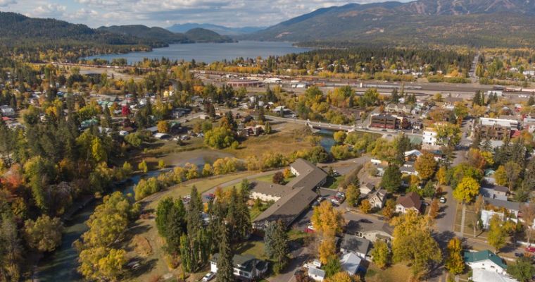 Aerial view of vibrant community with beautiful landscape in Whitefish Montana