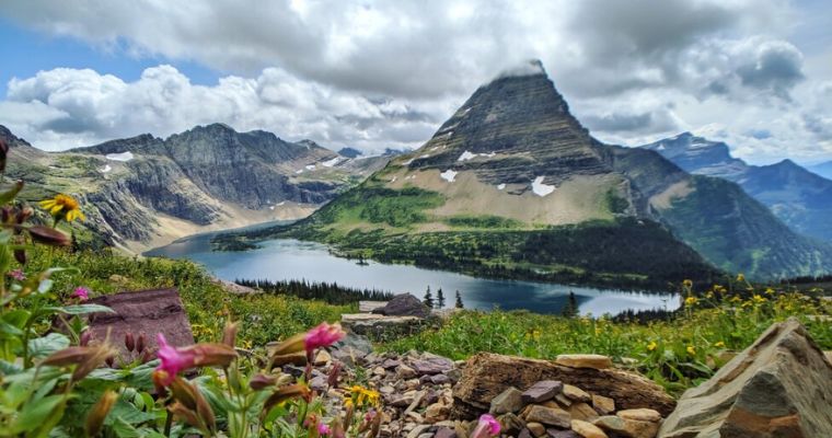 Scenic view of Glacier National Park showcasing majestic mountains, colorful flowers, and rocky terrain in Whitefish, Montana.