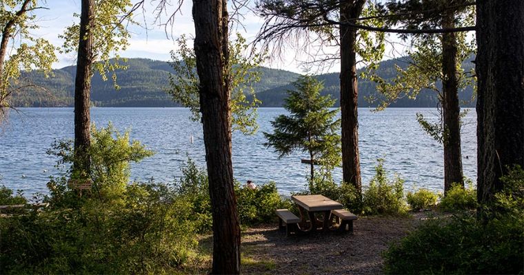 A tranquil scene featuring a picnic spot nestled in a forest by a lake at Les Mason State Park, Whitefish, Montana.