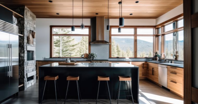 Contemporary kitchen with elegant wood paneling and stylish black countertops, emphasizing sustainable living.