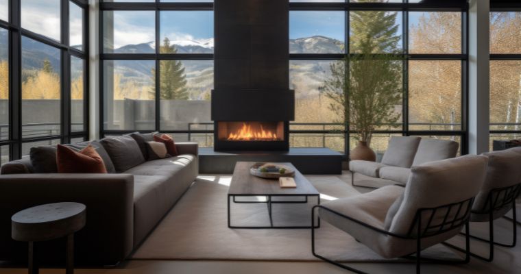 A modern living room featuring a cozy fireplace and a stunning view of the mountains, perfect for a winter retreat.