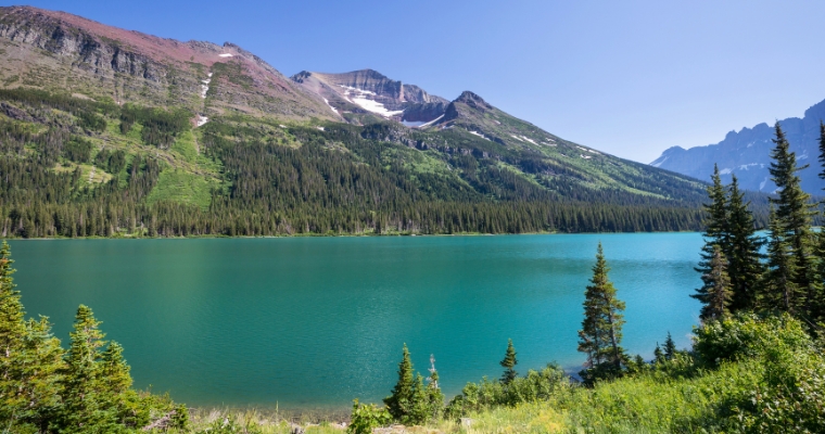A tranquil lake nestled among mountains and trees, showcasing the beauty of summer at Whitefish in Glacier National Park.