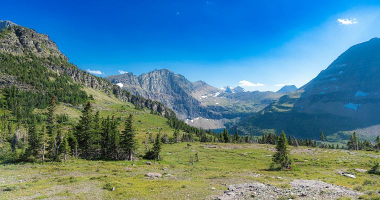 Scenic vista from Glacier National Park's mountain summit in Montana, revealing majestic peaks and lush valleys below.