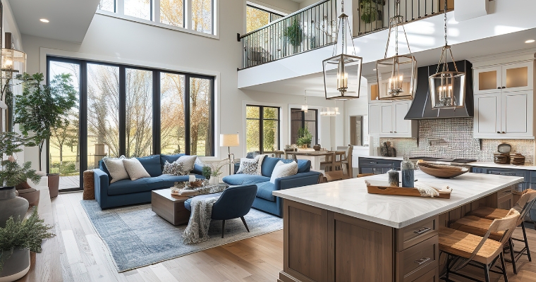Bright, open concept living room and kitchen, featuring a modern aesthetic in a Whitefish real estate development.