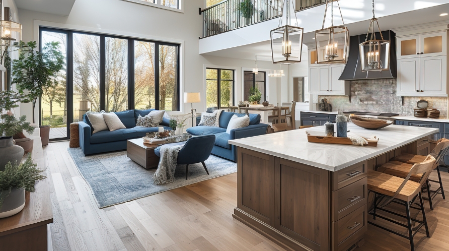 A spacious open concept kitchen and living room in a custom modern home, showcasing contemporary design elements.