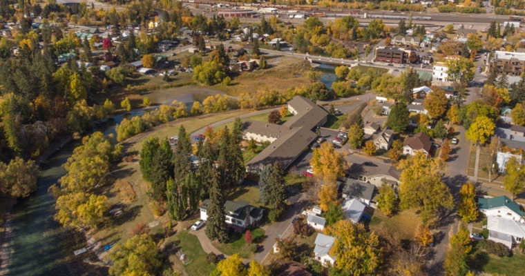 Aerial view of Whitefish neighborhood showcasing residential development area.