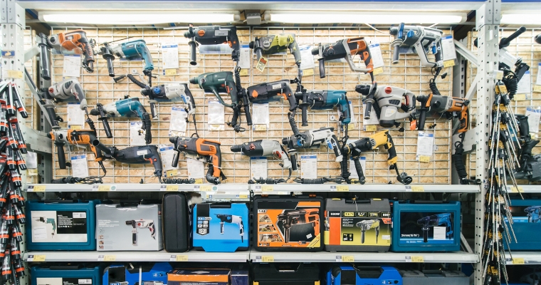 A display of various tools at Nelson's Hardware store in Whitefish, Montana, showcasing a wide selection for shoppers.