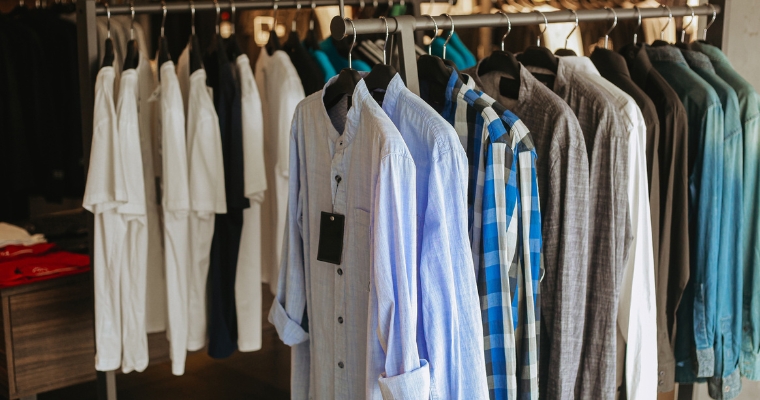 A display of shirts and clothing at The Toggery Montana in Whitefish, showcasing a variety of styles and colors.