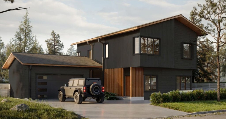 Modern home rendering with a car parked in front, located at 824 E 10th Street, Whitefish, Montana.