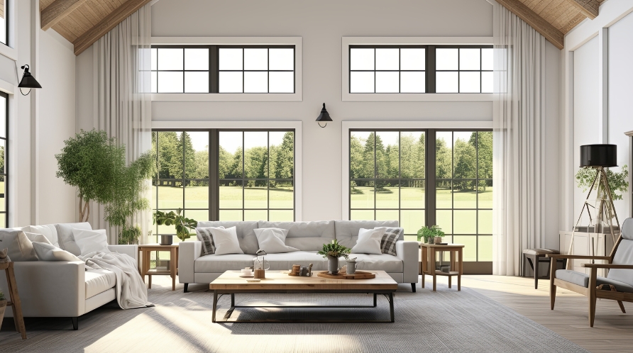 Spacious living room with large windows offering a scenic view of a green landscape, illustrating the custom modern homes Whitefish.