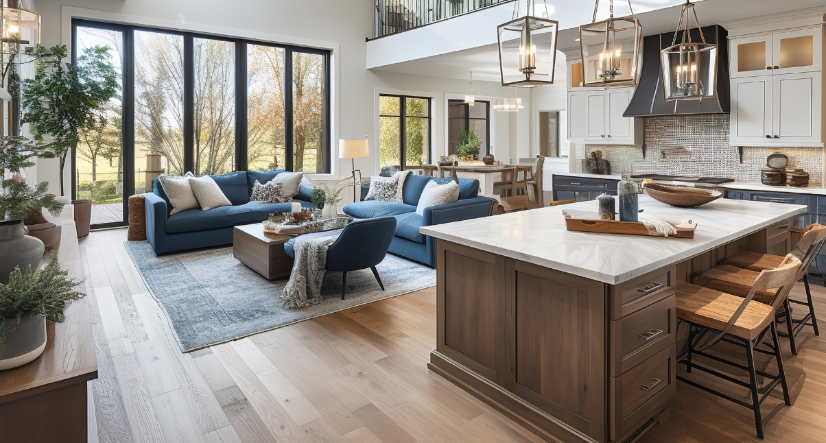 Spacious open-plan living room and kitchen with large windows, blue sofas, modern decor, and warm wooden accents, creating an inviting, airy ambiance.
