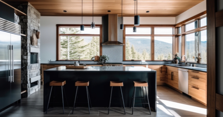 Contemporary kitchen with wood flooring and sleek black countertops, showcasing the Net-Zero Homes process in Whitefish, Montana.