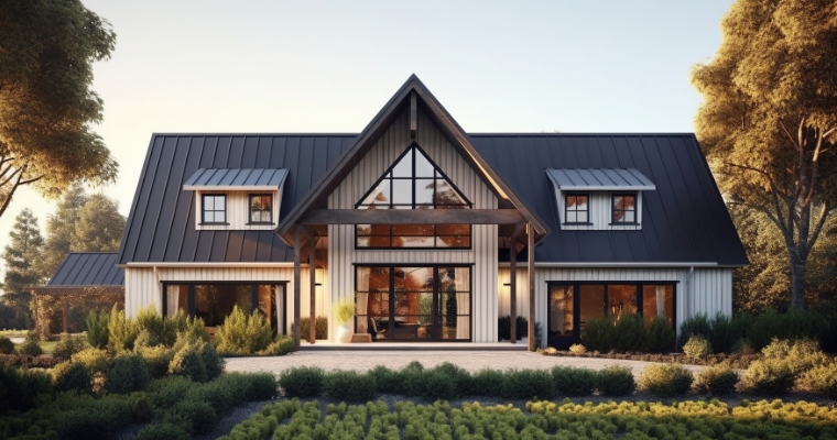 A stylish modern farmhouse with an expansive front porch, highlighted in the Whitefish Second Home buying overview.