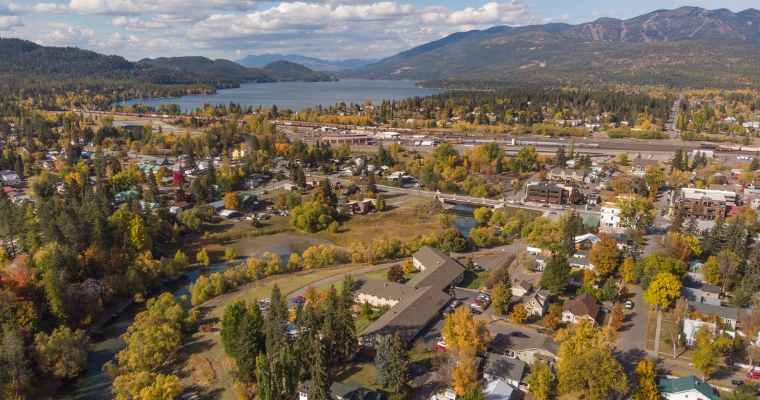 Aerial view of vibrant community with beautiful landscape in Whitefish Montana